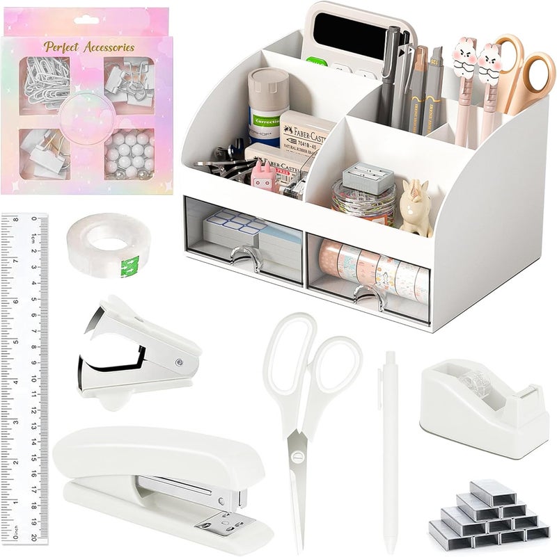COMFYROOM Desk Accessories with Pen Holder, Office Supplies Desk Organizers and Accessories, Tape Dispenser, Stapler, Staple Remover, Staples, Clips Set, Ruler, Scissor, Pen, Tape (White) - Image 1